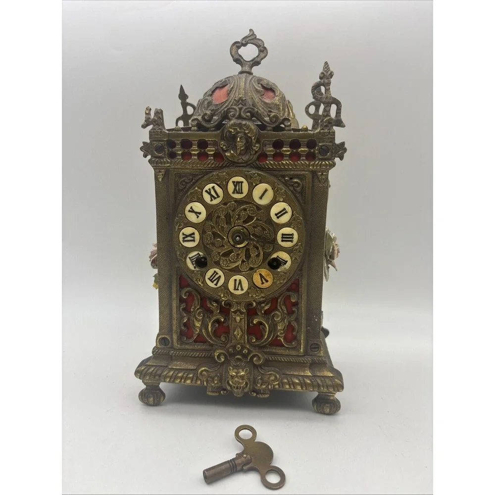 Antique Franz Hermle Ornate Brass Mantel Clock Mechanical 130-070 Roman Numerals